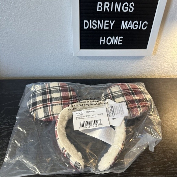 2022 Disney Parks Mickey Mouse Holiday Plaid Fuzzy Christmas Ears Headband Joy - Picture 4 of 5